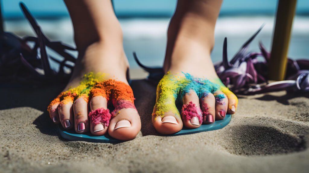 close-up of a colorful and trendy pedicure ready for a da