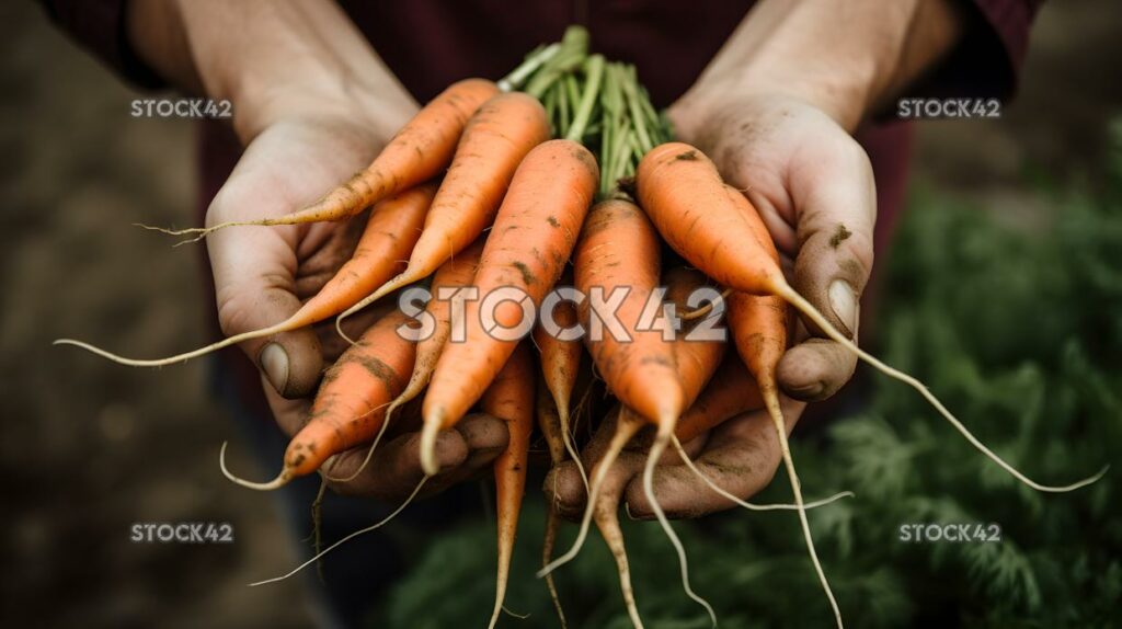 close-up of a farmers hand holding a bunch of freshly pic