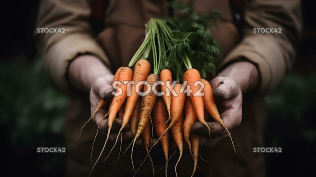 close-up of a farmers hand holding a bunch of freshly pic one