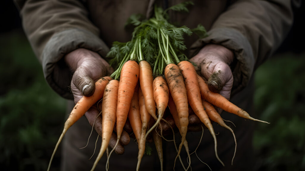 close-up of a farmers hand holding a bunch of freshly pic two