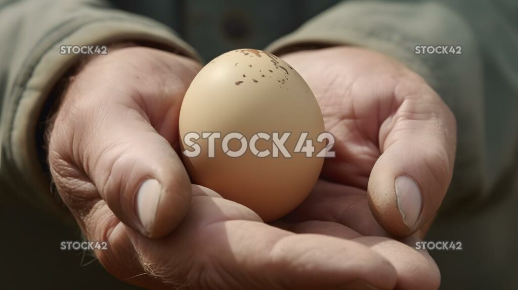 close-up of a farmers hand holding a freshly laid egg