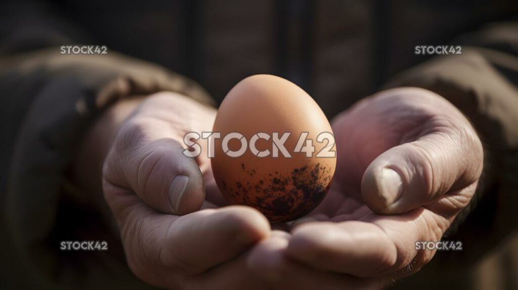 close-up of a farmers hand holding a freshly laid egg one