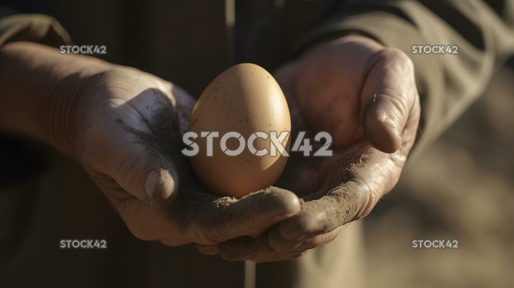 close-up of a farmers hand holding a freshly laid egg three