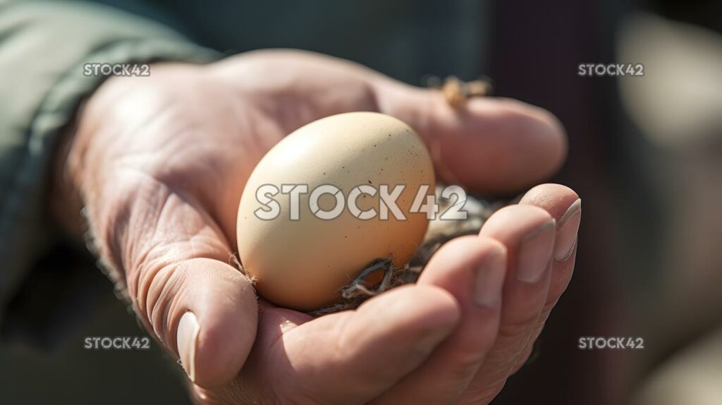 close-up of a farmers hand holding a freshly laid egg two