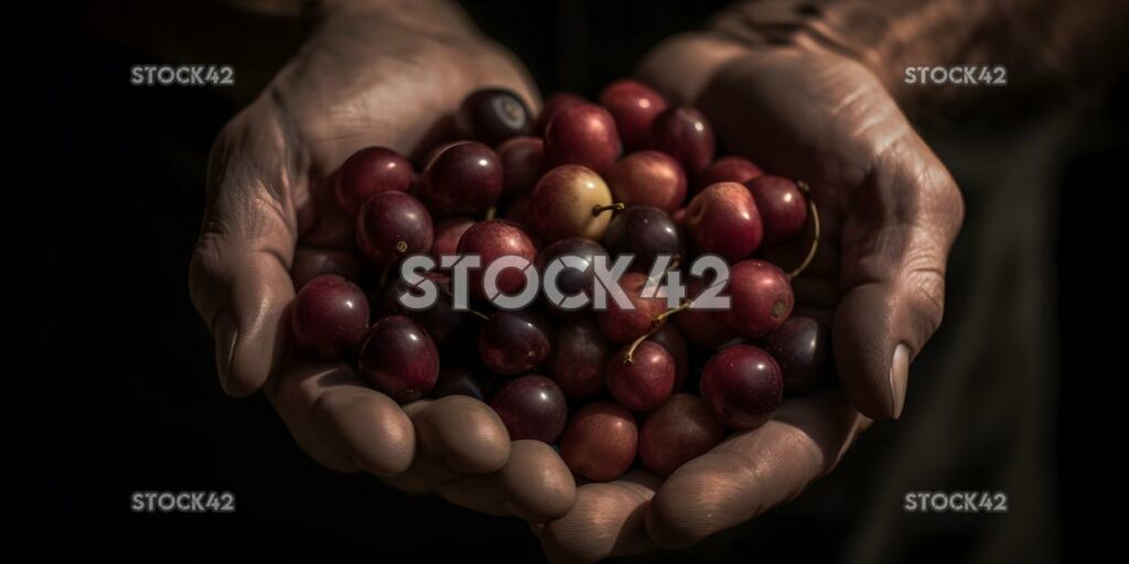 close-up of a farmers hand holding a handful of ripe cher