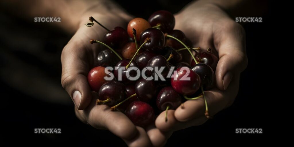 close-up of a farmers hand holding a handful of ripe cher one