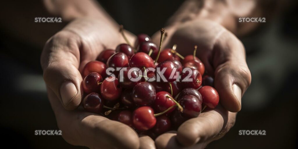 nahaufnahme einer bauernhand, die eine handvoll reifer cher drei hält