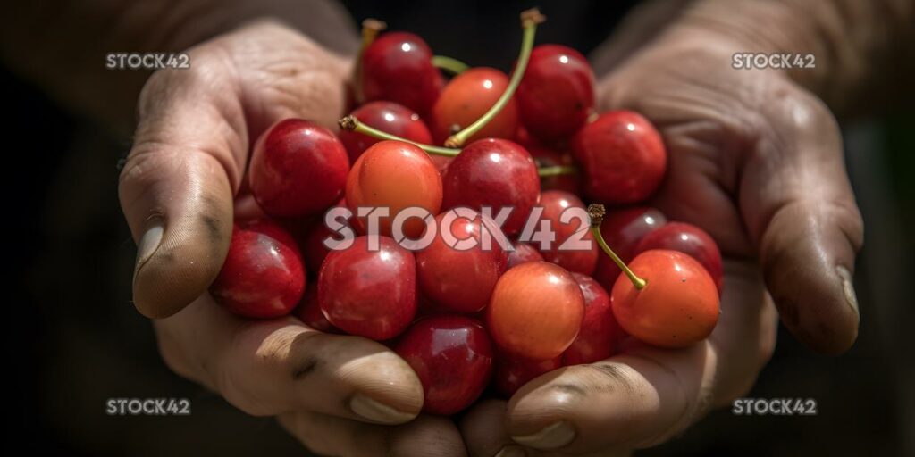 nahaufnahme einer bauernhand, die eine handvoll reifer cher zwei hält