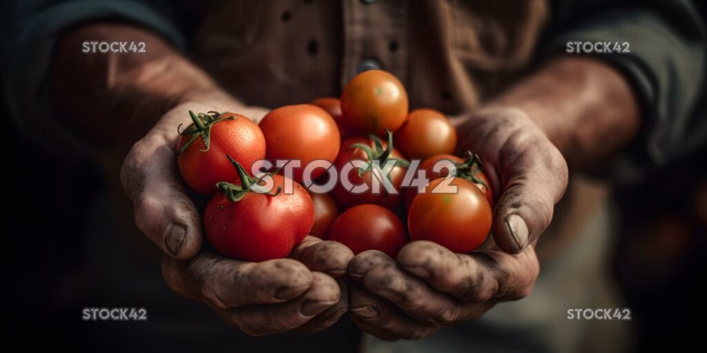 close-up of a farmers hands holding freshly harvested tom