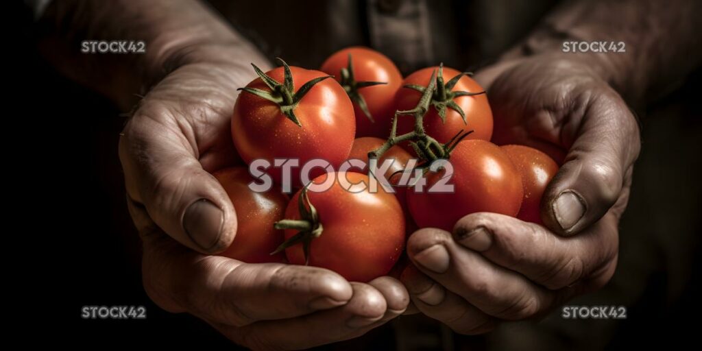 close-up of a farmers hands holding freshly harvested tom one