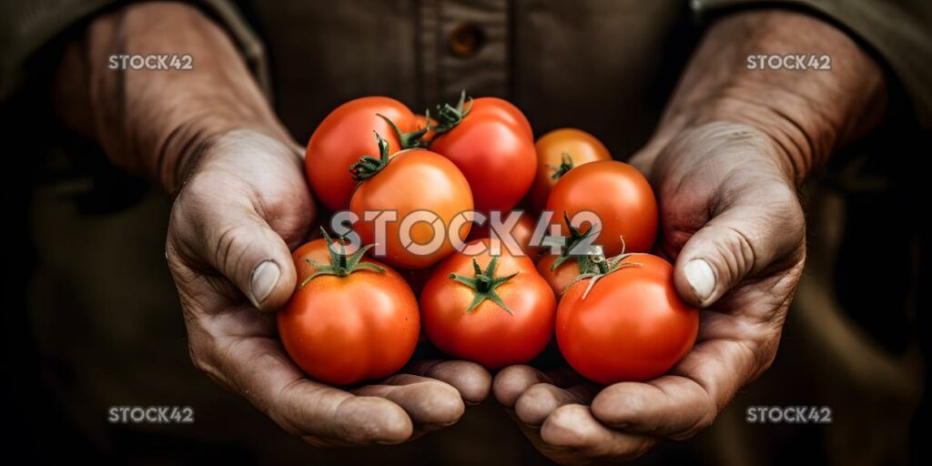 Nahaufnahme eines Bauernhände, der frisch geerntete Tom Three hält