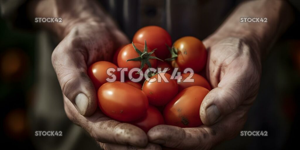 close-up of a farmers hands holding freshly harvested tom two