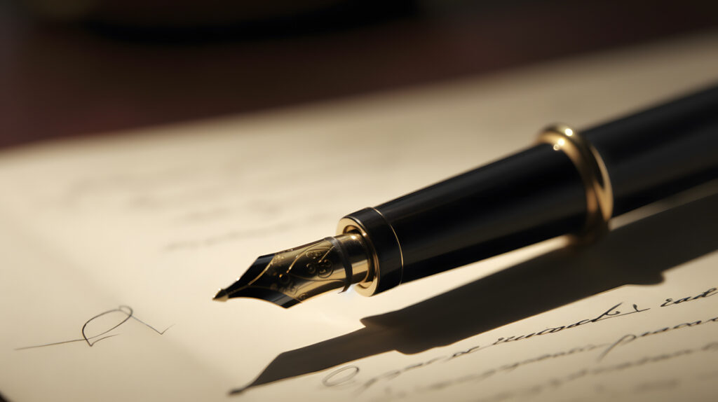 close-up of a fountain pen on top of a contract document two