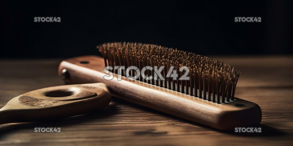 close-up of a hairbrush and comb lying on a wooden surfac