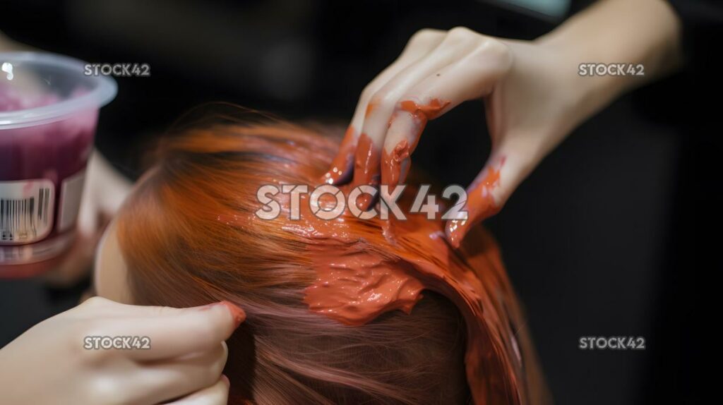 Primer plano de las manos de un peluquero aplicando tinte para el cabello a una C