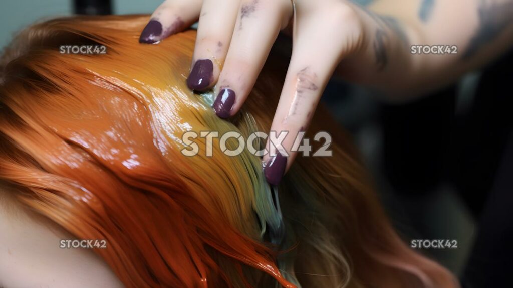 Primer plano de las manos de un peluquero aplicando tinte para el cabello a un C One