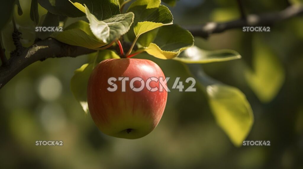 close-up of a healthy ripe apple hanging from a tree bran