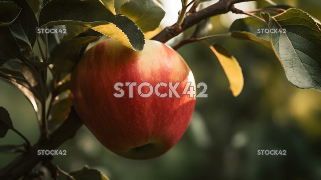 Primer plano de una manzana madura sana colgando de un salvado de árbol