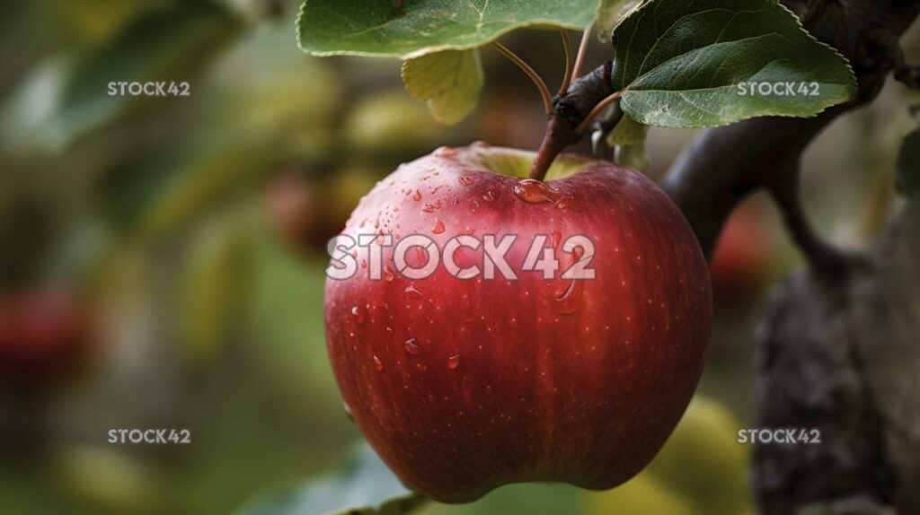 Primer plano de una manzana madura sana colgando de un salvado de árbol tres