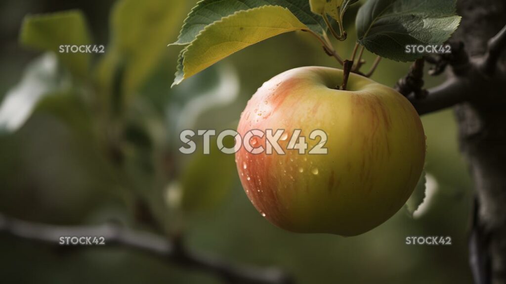 close-up of a healthy ripe apple hanging from a tree bran two