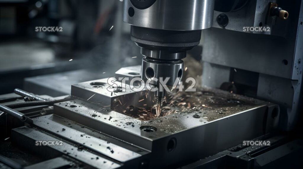 close-up of a machine fabricating a precise metal part