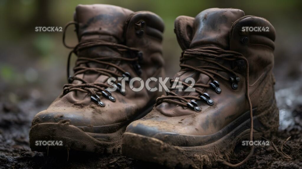 close-up of a pair of hiking boots with dirt on the soles