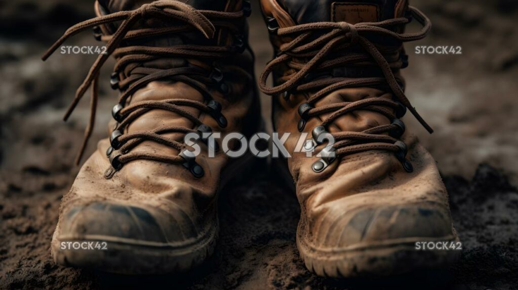 close-up of a pair of hiking boots with dirt on the soles one