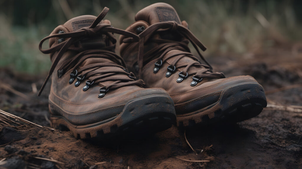 close-up of a pair of hiking boots with dirt on the soles three