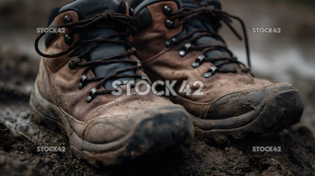 close-up of a pair of hiking boots with dirt on the soles two