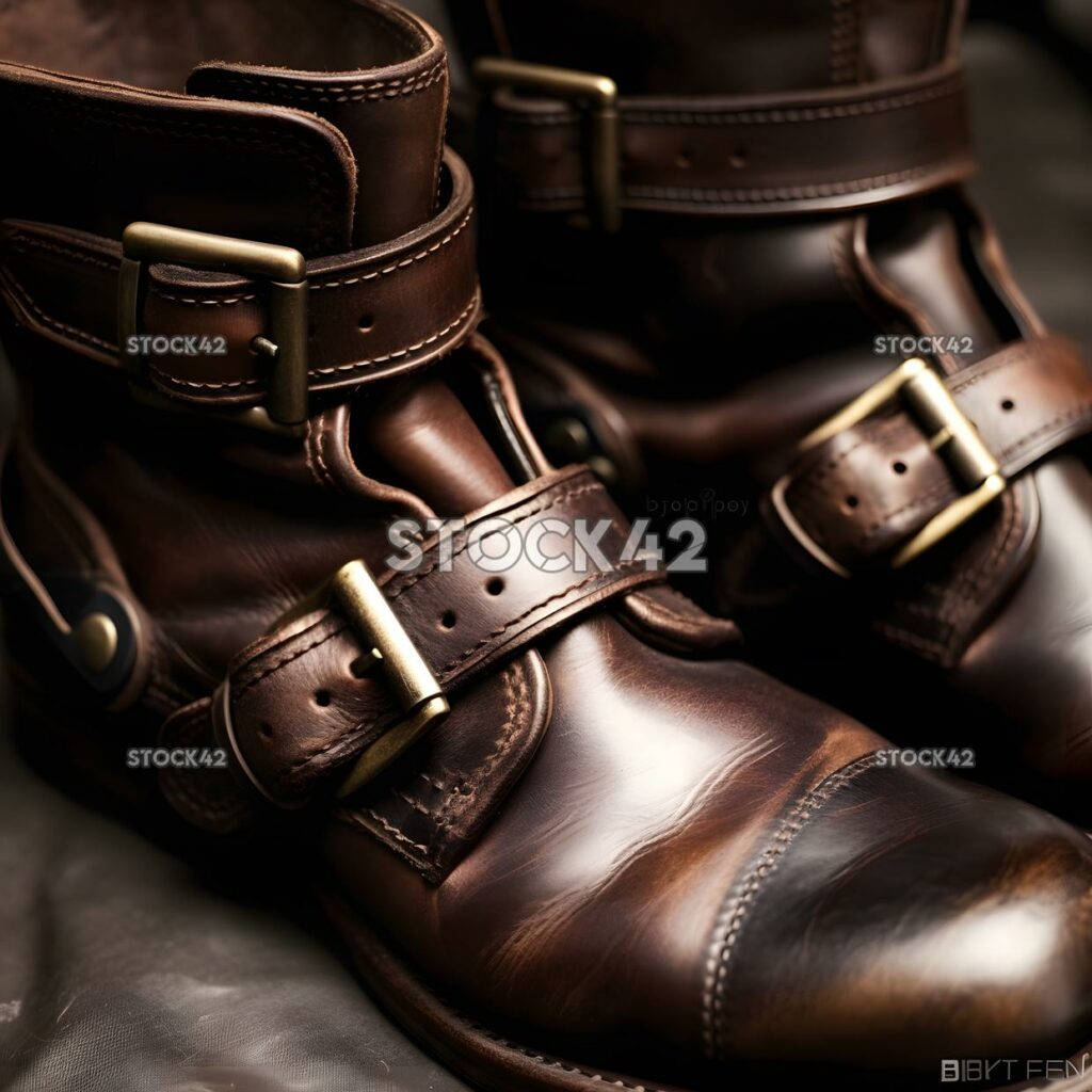 close-up of a pair of leather boots with buckles two