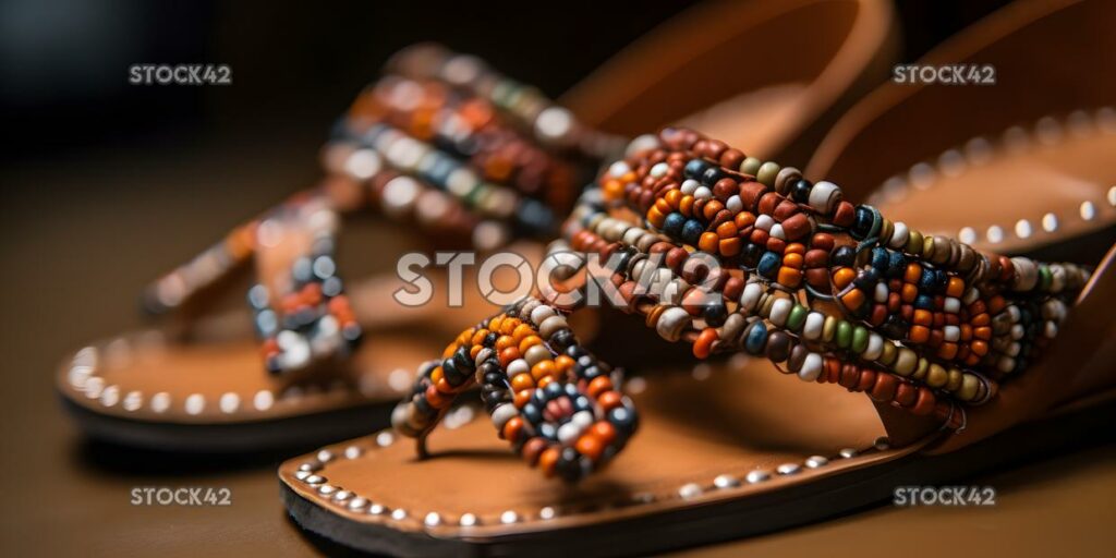 close-up of a pair of leather sandals with beaded embelli one