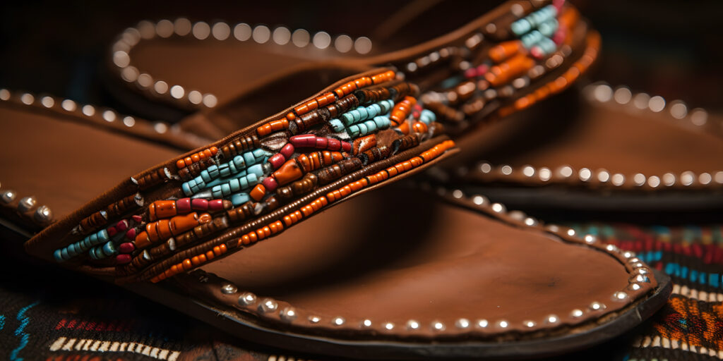 close-up of a pair of leather sandals with beaded embelli three