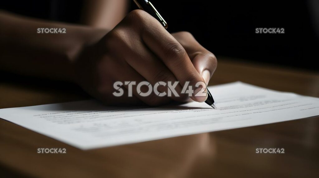 close-up of a persons hand signing a contract