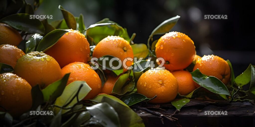 Primer plano de un montón de naranjas recién recogidas que aún cubren