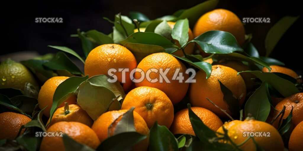 close-up of a pile of freshly picked oranges still covere one