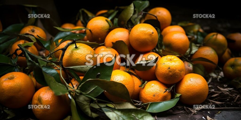 Primer plano de un montón de naranjas recién recogidas que todavía cubren dos