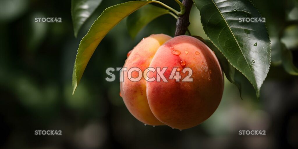 close-up of a ripe juicy peach hanging from a tree