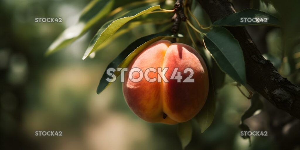 close-up of a ripe juicy peach hanging from a tree one