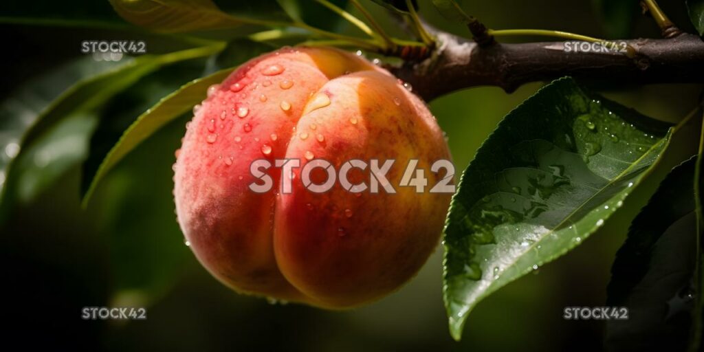 nahaufnahme eines reifen, saftigen pfirsichs, der an einem baum hängt drei