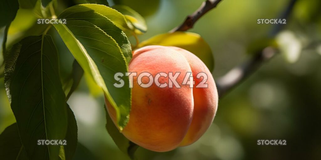 Nahaufnahme eines reifen, saftigen Pfirsichs, der an einem Baum hängt zwei