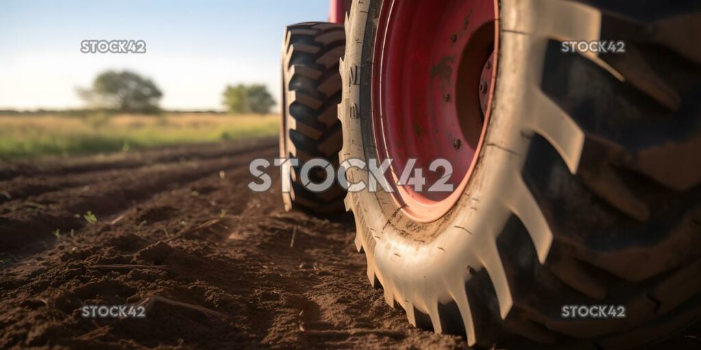 Primer plano de un neumático de tractor rojo brillante en un campo de tierra