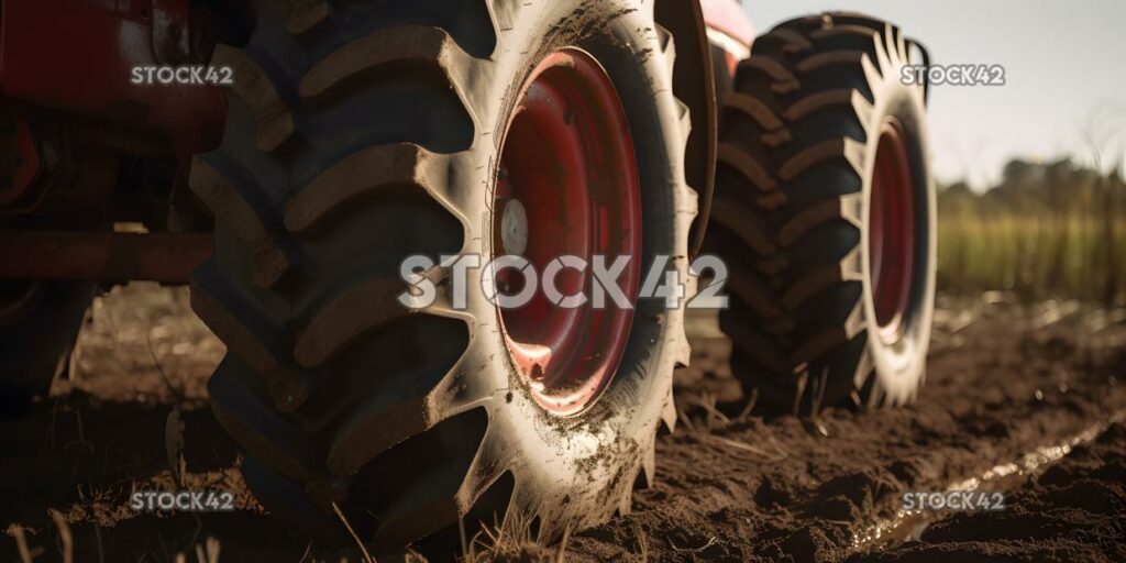 Nahaufnahme eines glänzenden roten Traktorreifens in einem unbefestigten Feld