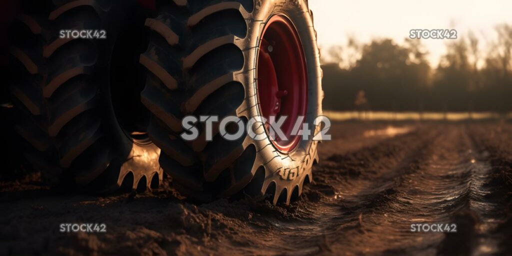 Nahaufnahme eines glänzenden roten Traktorreifens in einem unbefestigten Feld zwei