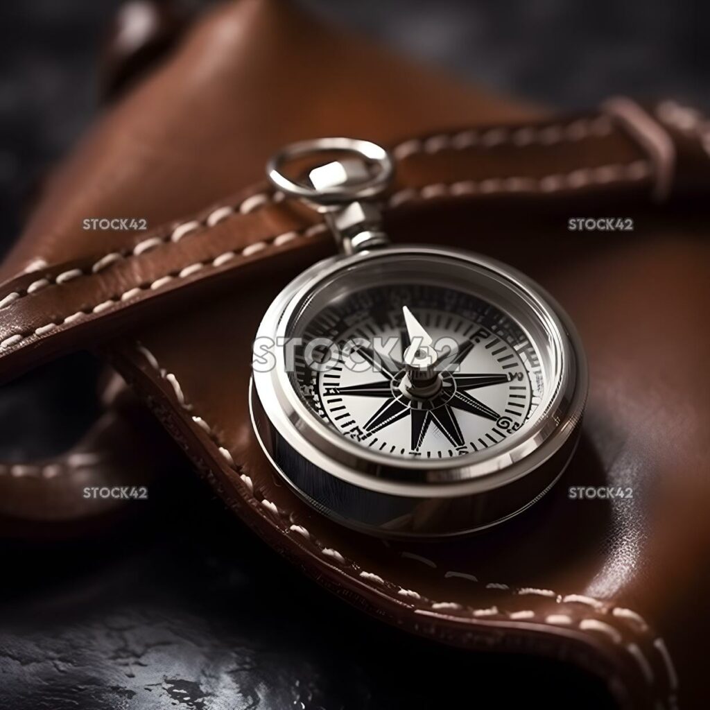 close-up of a silver compass with a leather strap