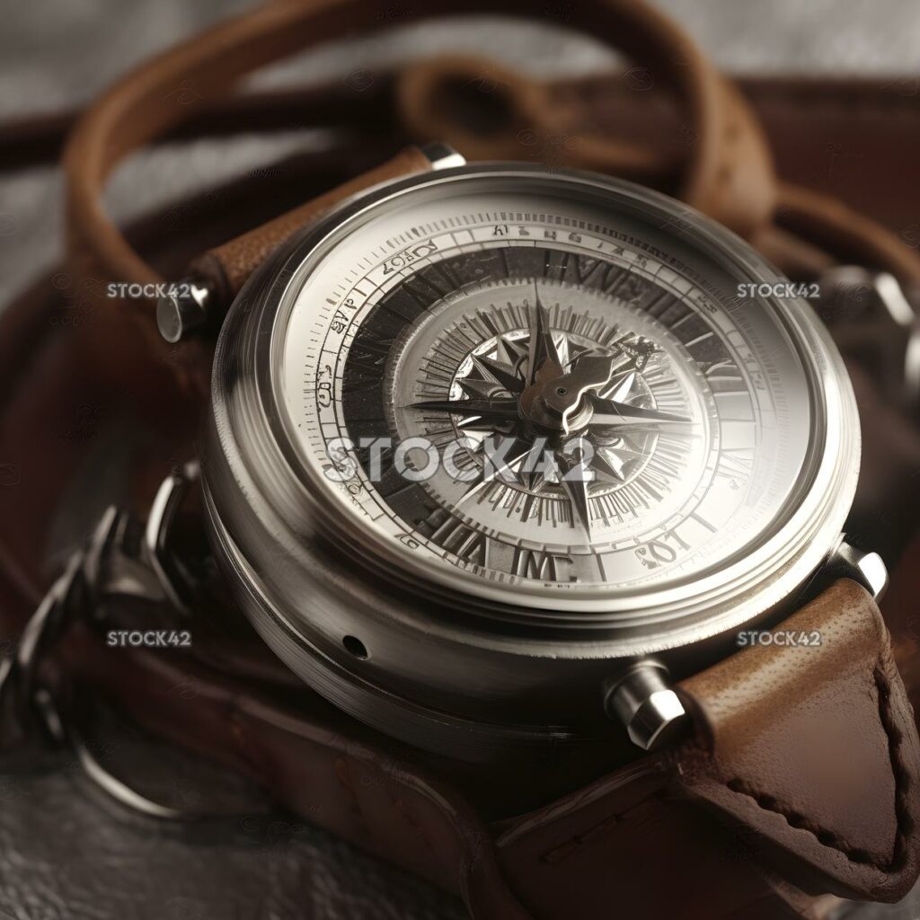 close-up of a silver compass with a leather strap one