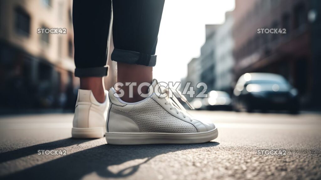 close-up of a trendy pair of sneakers on a city street