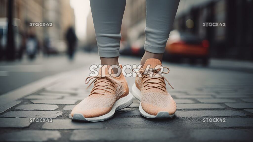 close-up of a trendy pair of sneakers on a city street one