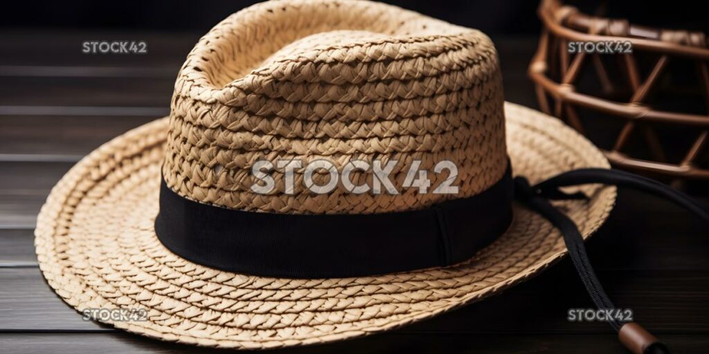 close-up of a trendy straw fedora hat with a black ribbon one