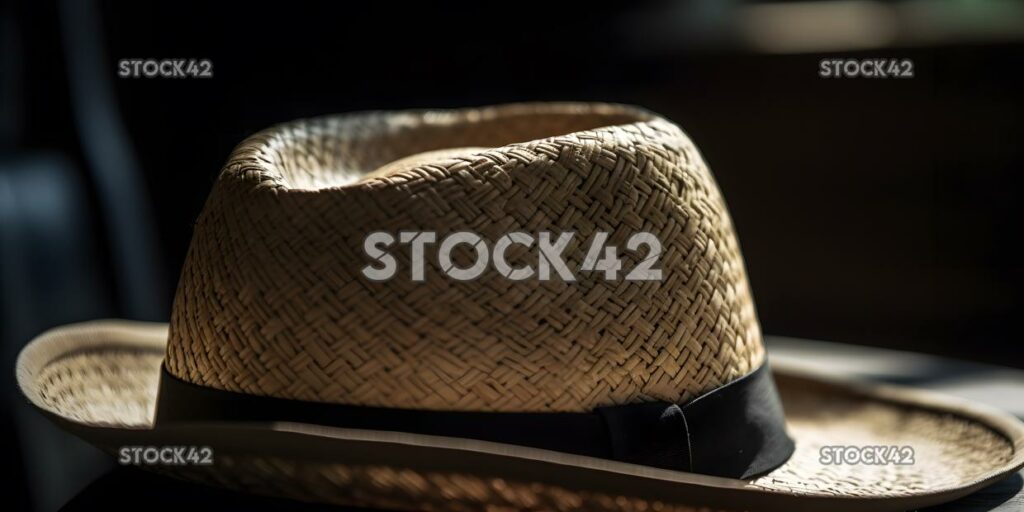 close-up of a trendy straw fedora hat with a black ribbon three