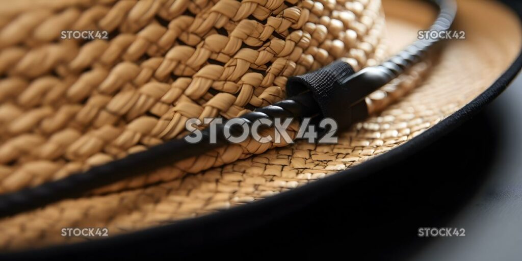 close-up of a trendy straw fedora hat with a black ribbon two